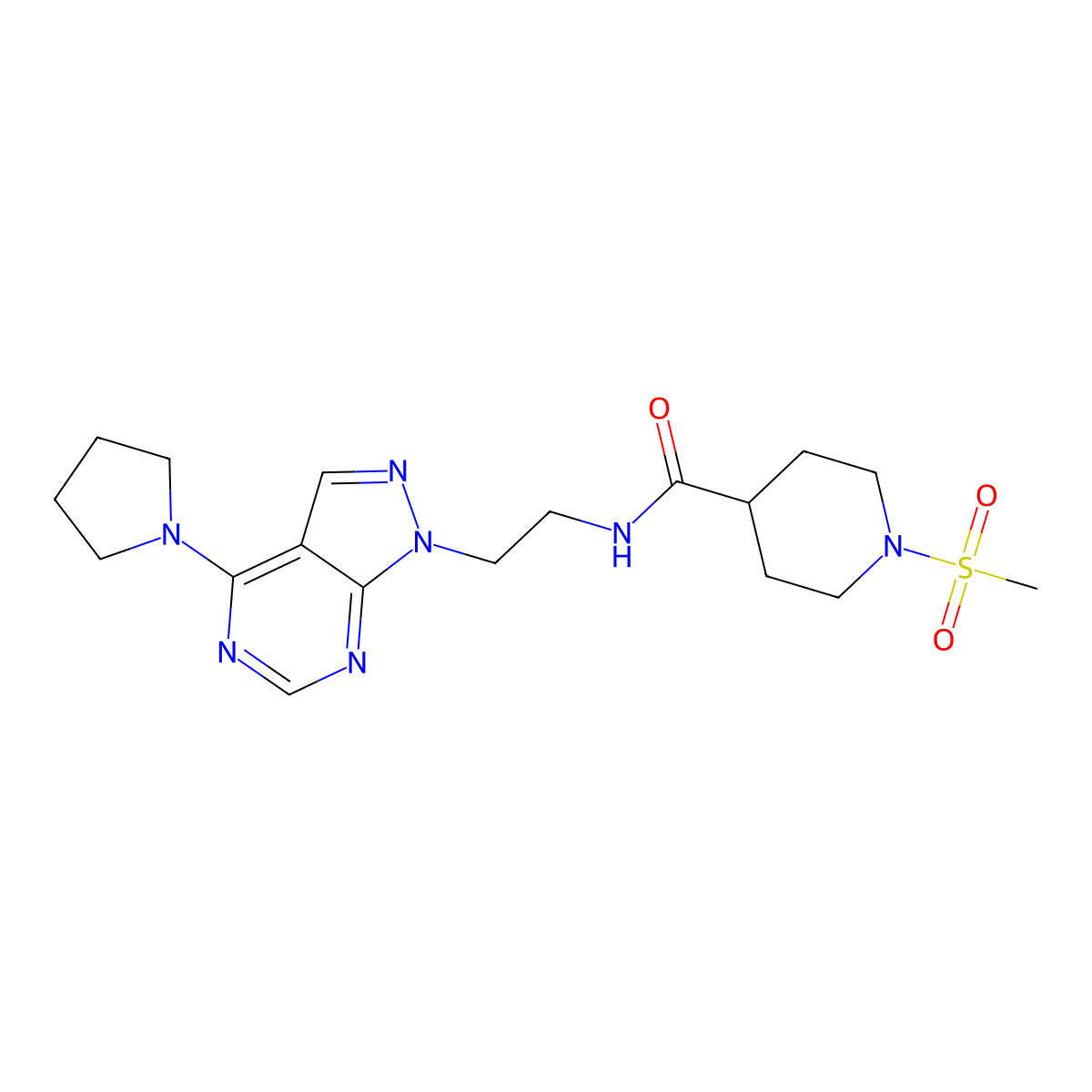 1-(methylsulfonyl)-N-(2-(4-(pyrrolidin-1-yl)-1H-pyrazolo[3,4-d]pyrimidin-1-yl)ethyl)piperidine-4-carboxamide molecular structure, CAS 1172364-49-6