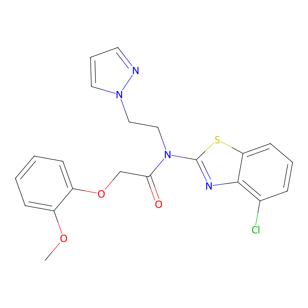 N-(2-(1H-pyrazol-1-yl)ethyl)-N-(4-chlorobenzo[d]thiazol-2-yl)-2-(2-methoxyphenoxy)acetamide molecular structure, CAS 1172365-86-4