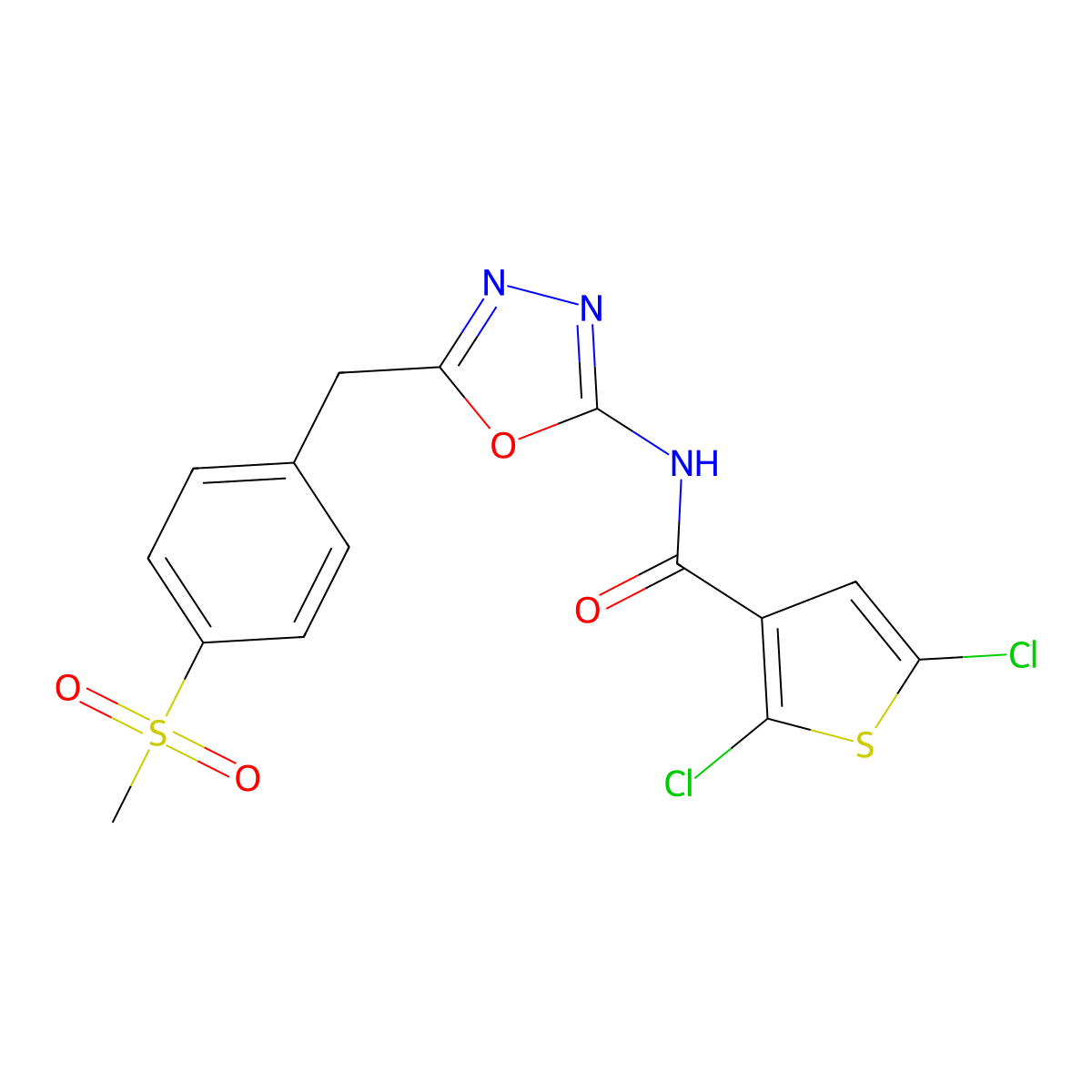 2,5-dichloro-N-(5-(4-(methylsulfonyl)benzyl)-1,3,4-oxadiazol-2-yl)thiophene-3-carboxamide molecular structure, CAS 1172366-11-8