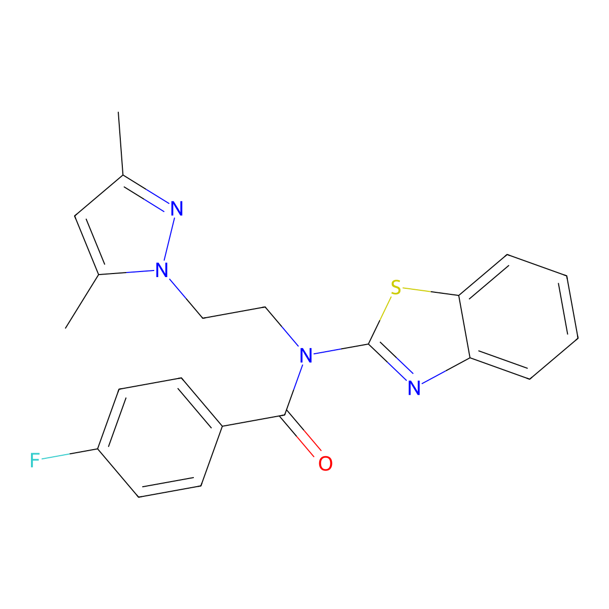 N-(benzo[d]thiazol-2-yl)-N-(2-(3,5-dimethyl-1H-pyrazol-1-yl)ethyl)-4-fluorobenzamide molecular structure, CAS 1172366-82-3