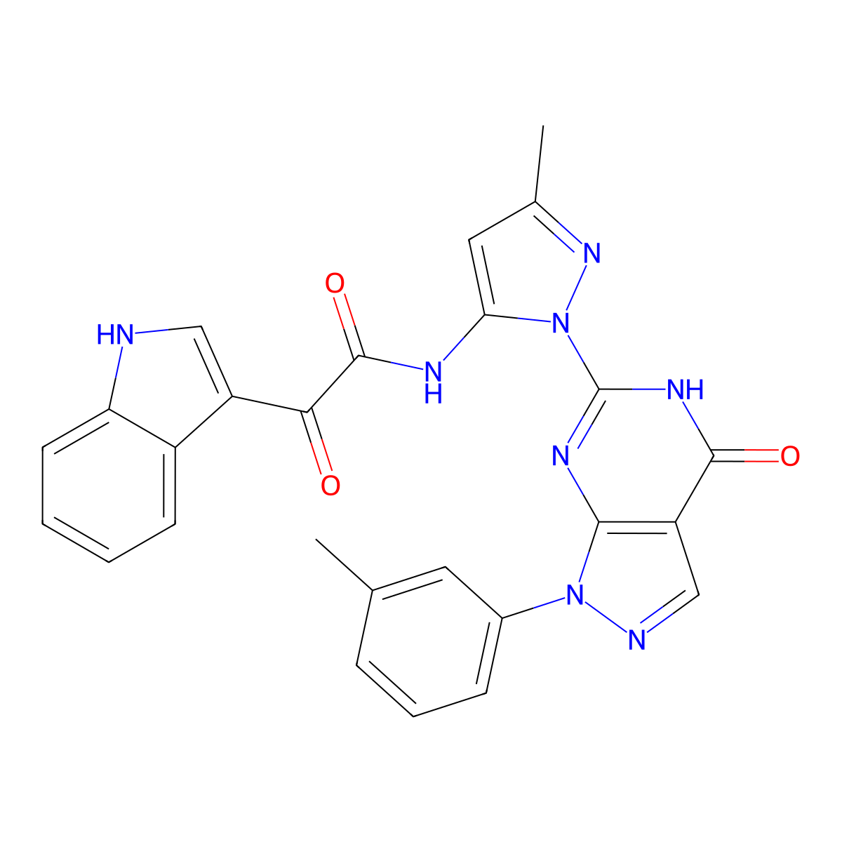 2-(1H-indol-3-yl)-N-(3-methyl-1-(4-oxo-1-(m-tolyl)-4,5-dihydro-1H-pyrazolo[3,4-d]pyrimidin-6-yl)-1H-pyrazol-5-yl)-2-oxoacetamide molecular structure, CAS 1172368-10-3
