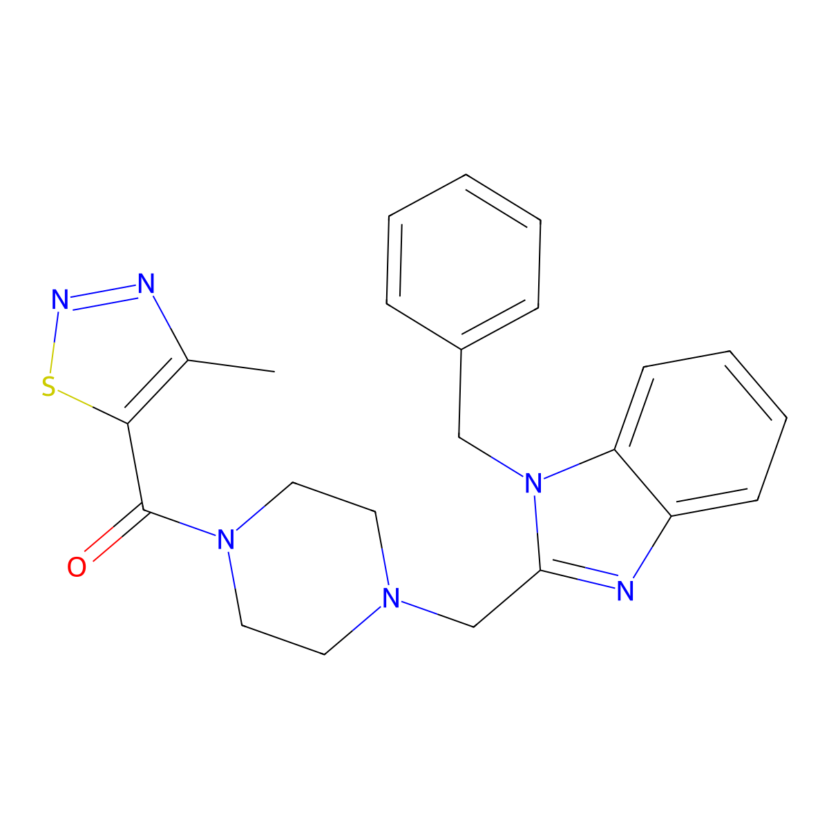 (4-((1-benzyl-1H-benzo[d]imidazol-2-yl)methyl)piperazin-1-yl)(4-methyl-1,2,3-thiadiazol-5-yl)methanone molecular structure, CAS 1172368-63-6