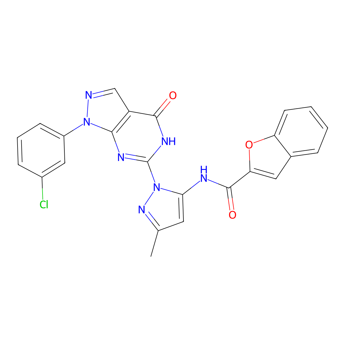 N-(1-(1-(3-chlorophenyl)-4-oxo-4,5-dihydro-1H-pyrazolo[3,4-d]pyrimidin-6-yl)-3-methyl-1H-pyrazol-5-yl)benzofuran-2-carboxamide molecular structure, CAS 1172368-96-5