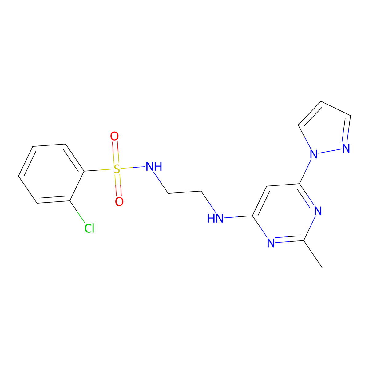 2-chloro-N-(2-((2-methyl-6-(1H-pyrazol-1-yl)pyrimidin-4-yl)amino)ethyl)benzenesulfonamide molecular structure, CAS 1172371-21-9