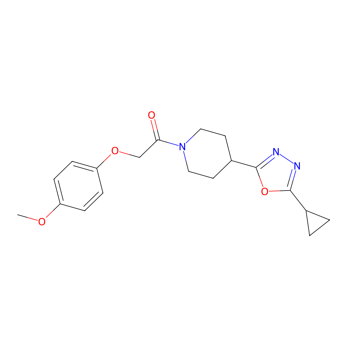 1-(4-(5-Cyclopropyl-1,3,4-oxadiazol-2-yl)piperidin-1-yl)-2-(4-methoxyphenoxy)ethanone molecular structure, CAS 1172371-70-8
