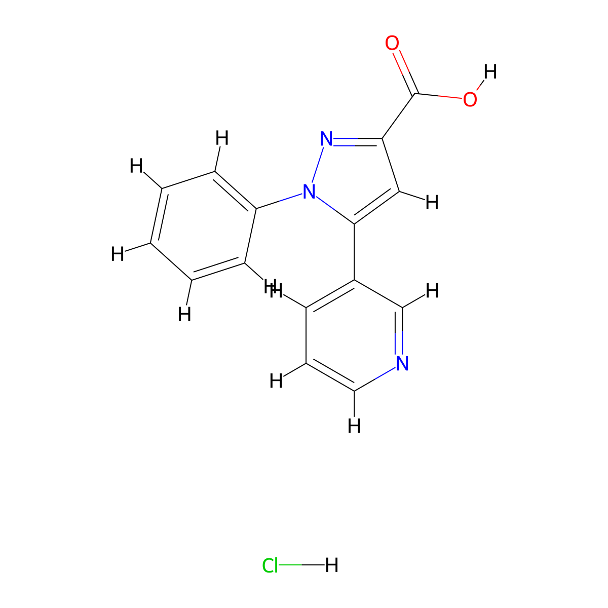 1-phenyl-5-(pyridin-3-yl)-1H-pyrazole-3-carboxylic acid hydrochloride molecular structure, CAS 1172372-17-6