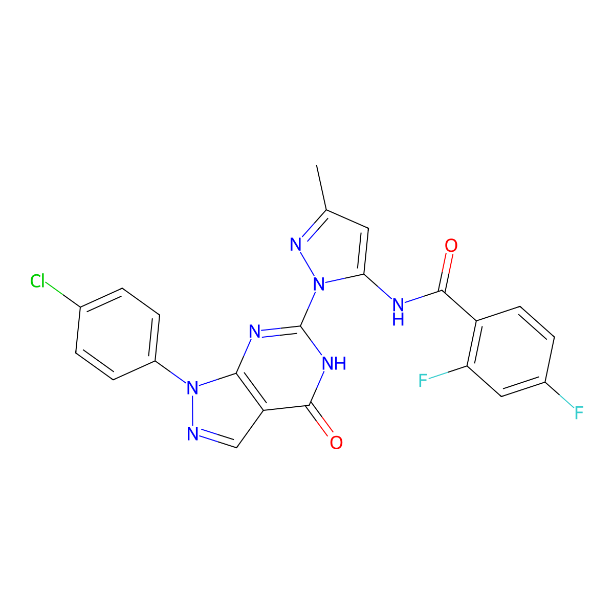N-(1-(1-(4-chlorophenyl)-4-oxo-4,5-dihydro-1H-pyrazolo[3,4-d]pyrimidin-6-yl)-3-methyl-1H-pyrazol-5-yl)-2,4-difluorobenzamide molecular structure, CAS 1172372-20-1