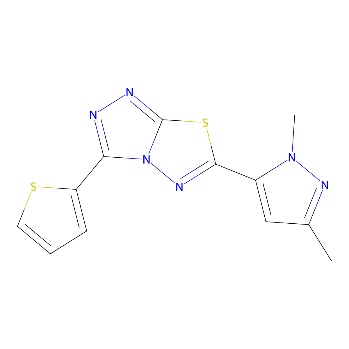 6-(1,3-dimethyl-1H-pyrazol-5-yl)-3-(thiophen-2-yl)[1,2,4]triazolo[3,4-b][1,3,4]thiadiazole molecular structure, CAS 1172372-60-9