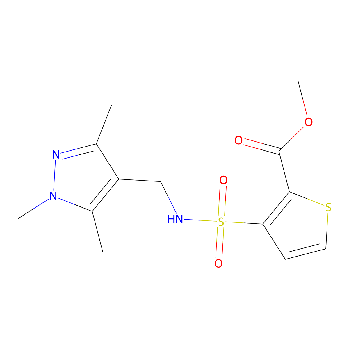 Methyl 3-(N-((1,3,5-trimethyl-1H-pyrazol-4-yl)methyl)sulfamoyl)thiophene-2-carboxylate molecular structure, CAS 1172372-80-3
