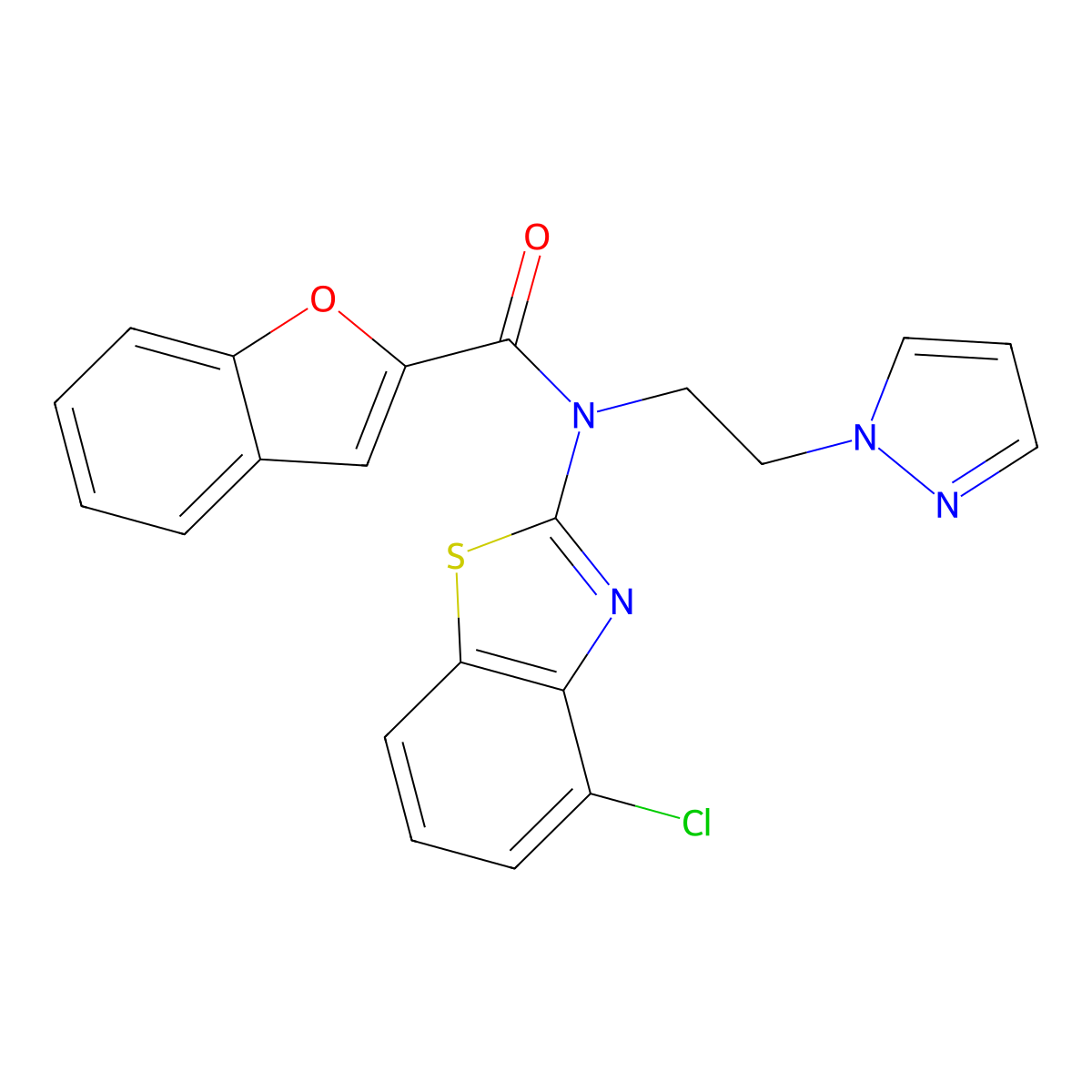 N-(2-(1H-pyrazol-1-yl)ethyl)-N-(4-chlorobenzo[d]thiazol-2-yl)benzofuran-2-carboxamide molecular structure, CAS 1172372-84-7