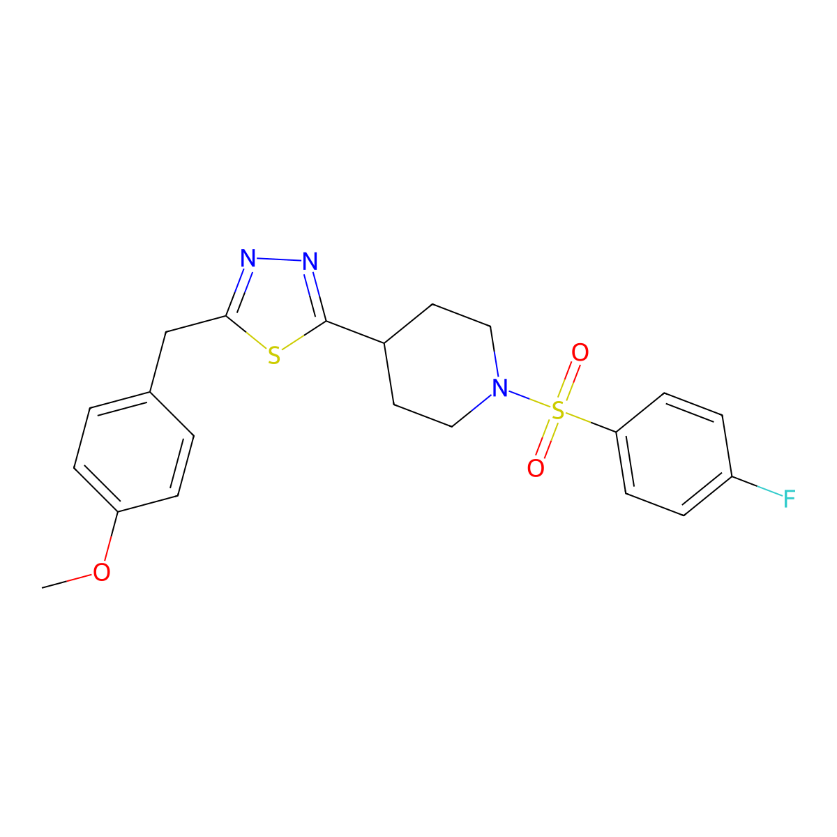 2-(1-((4-Fluorophenyl)sulfonyl)piperidin-4-yl)-5-(4-methoxybenzyl)-1,3,4-thiadiazole molecular structure, CAS 1172373-68-0