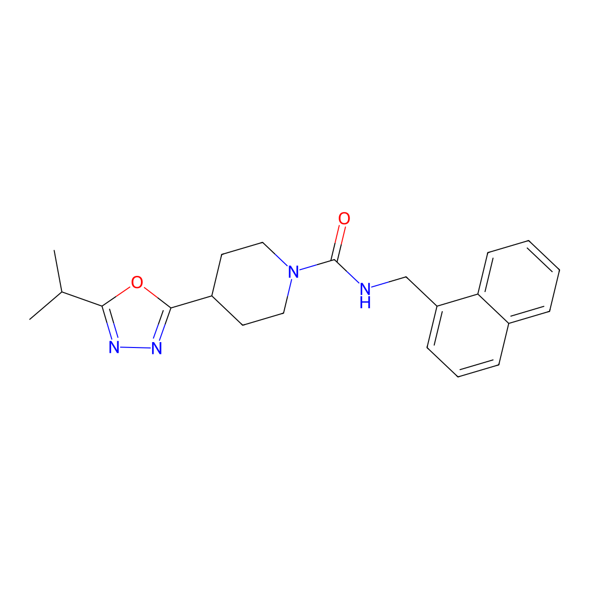 4-(5-isopropyl-1,3,4-oxadiazol-2-yl)-N-(naphthalen-1-ylmethyl)piperidine-1-carboxamide molecular structure, CAS 1172374-27-4
