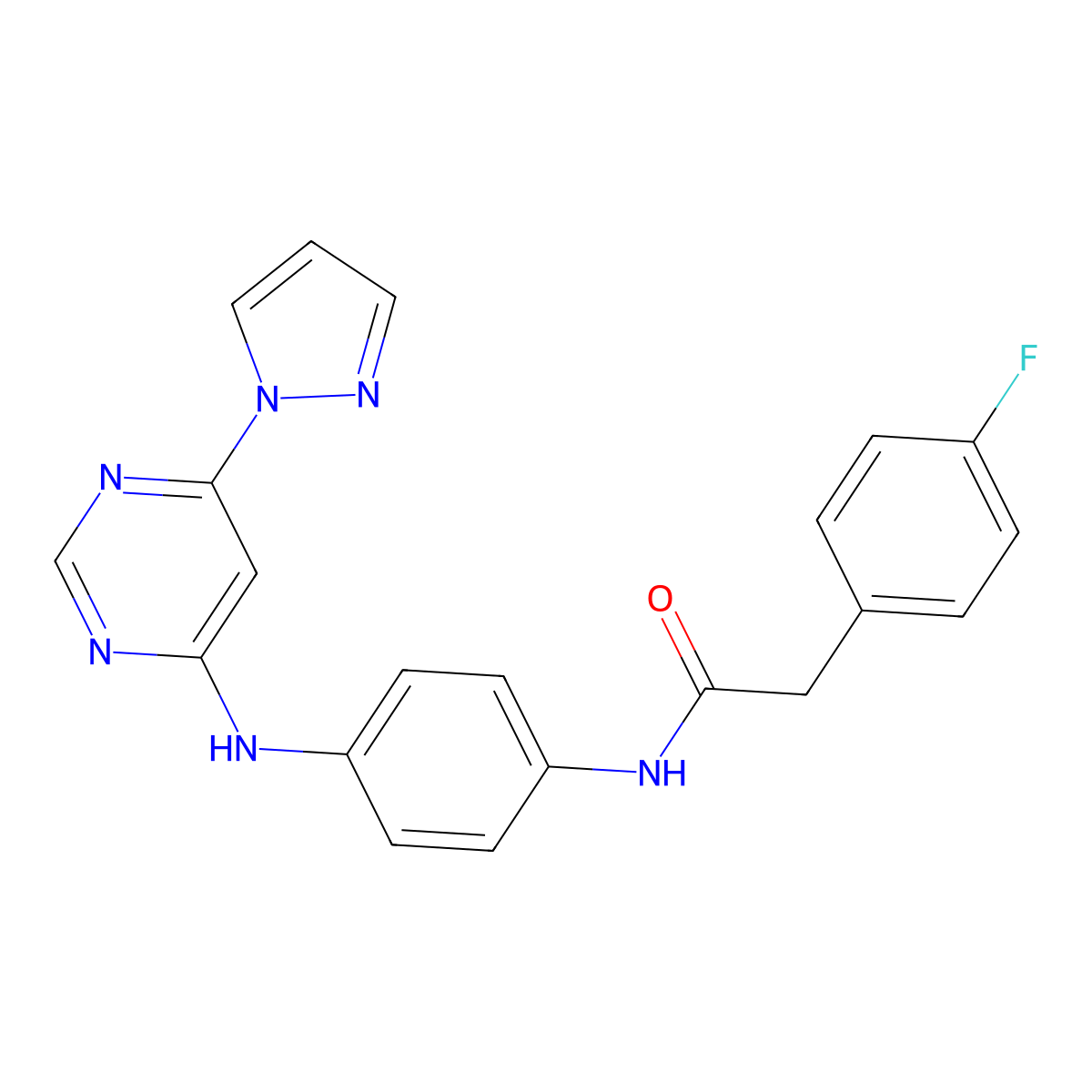 N-(4-((6-(1H-pyrazol-1-yl)pyrimidin-4-yl)amino)phenyl)-2-(4-fluorophenyl)acetamide molecular structure, CAS 1172375-45-9