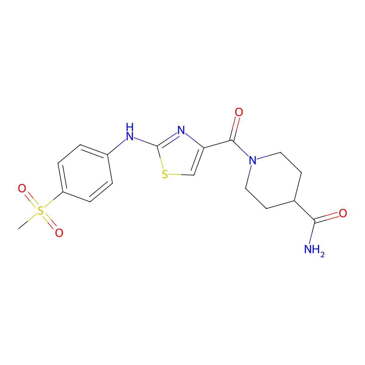 1-(2-((4-(Methylsulfonyl)phenyl)amino)thiazole-4-carbonyl)piperidine-4-carboxamide molecular structure, CAS 1172375-57-3