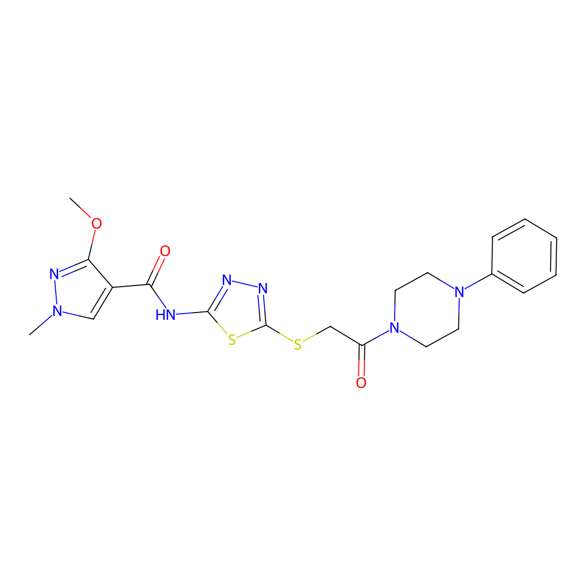 3-methoxy-1-methyl-N-(5-((2-oxo-2-(4-phenylpiperazin-1-yl)ethyl)thio)-1,3,4-thiadiazol-2-yl)-1H-pyrazole-4-carboxamide molecular structure, CAS 1172376-00-9