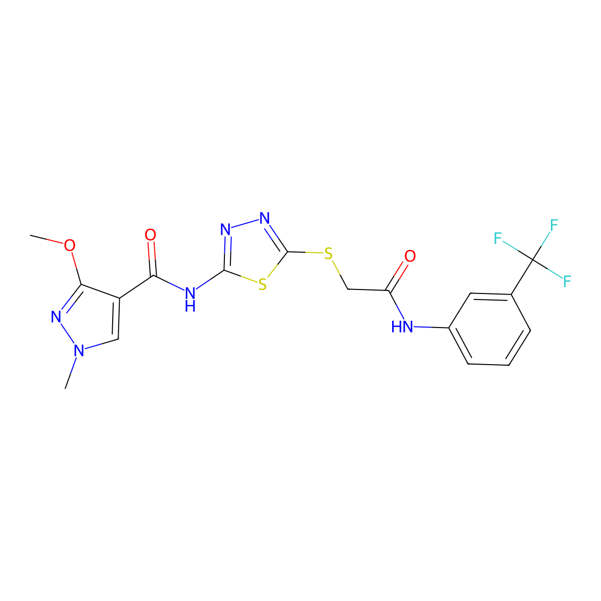 3-methoxy-1-methyl-N-(5-((2-oxo-2-((3-(trifluoromethyl)phenyl)amino)ethyl)thio)-1,3,4-thiadiazol-2-yl)-1H-pyrazole-4-carboxamide molecular structure, CAS 1172376-19-0