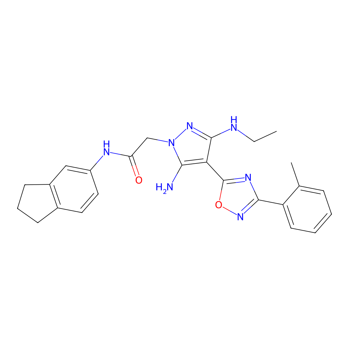 2-[5-amino-3-(ethylamino)-4-[3-(2-methylphenyl)-1,2,4-oxadiazol-5-yl]-1H-pyrazol-1-yl]-N-(2,3-dihydro-1H-inden-5-yl)acetamide molecular structure, CAS 1172377-24-0