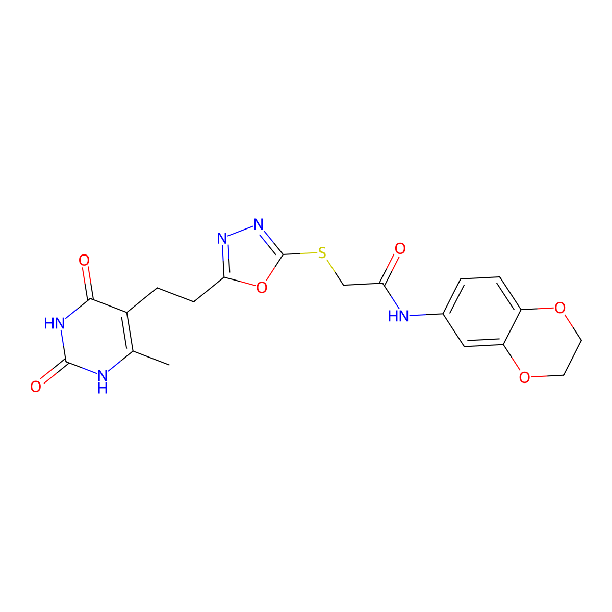 N-(2,3-dihydrobenzo[b][1,4]dioxin-6-yl)-2-((5-(2-(6-methyl-2,4-dioxo-1,2,3,4-tetrahydropyrimidin-5-yl)ethyl)-1,3,4-oxadiazol-2-yl)thio)acetamide molecular structure, CAS 1172377-93-3
