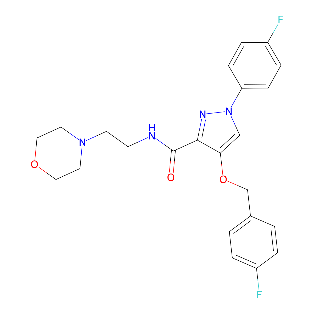 4-((4-fluorobenzyl)oxy)-1-(4-fluorophenyl)-N-(2-morpholinoethyl)-1H-pyrazole-3-carboxamide molecular structure, CAS 1172380-88-9