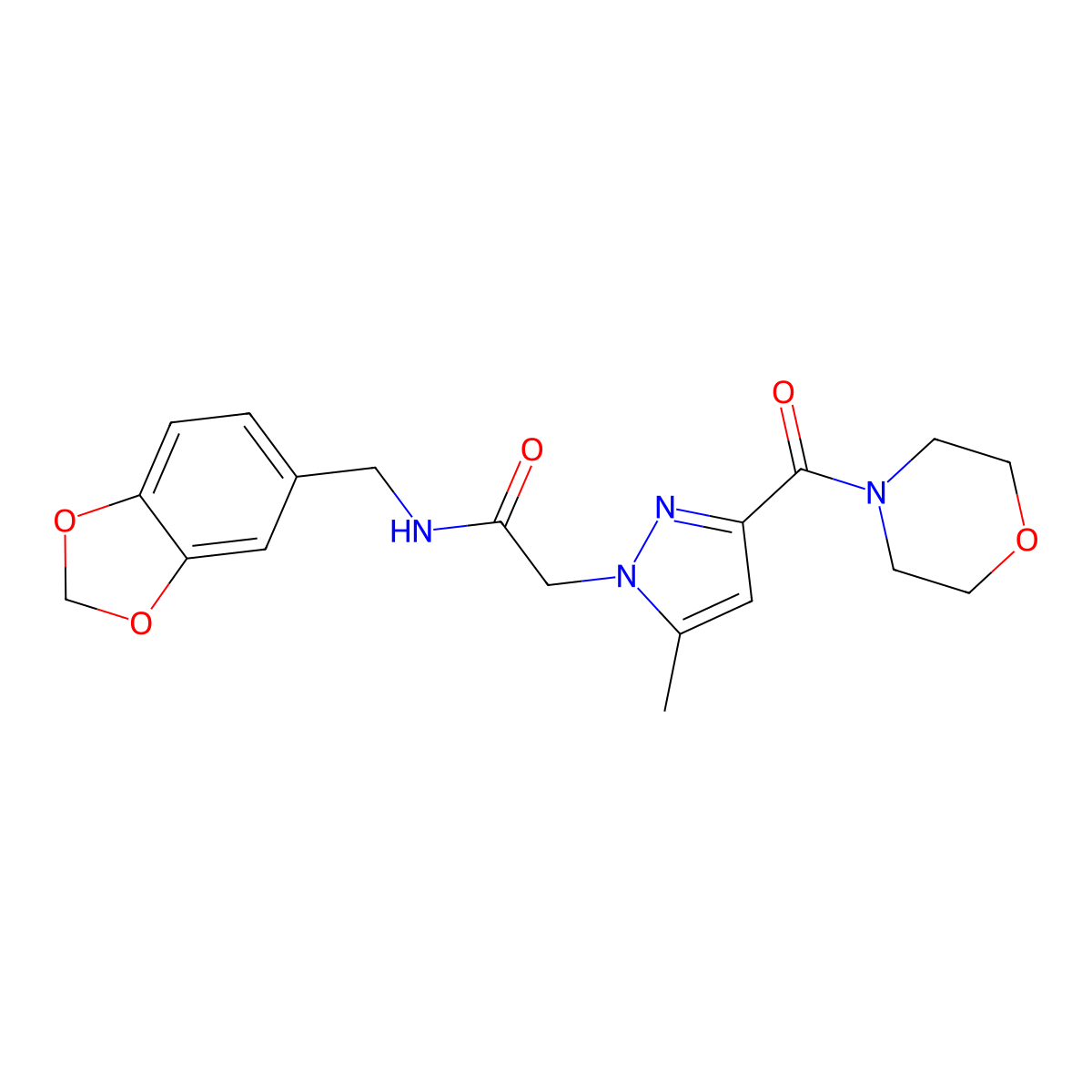 N-(benzo[d][1,3]dioxol-5-ylmethyl)-2-(5-methyl-3-(morpholine-4-carbonyl)-1H-pyrazol-1-yl)acetamide molecular structure, CAS 1172381-55-3