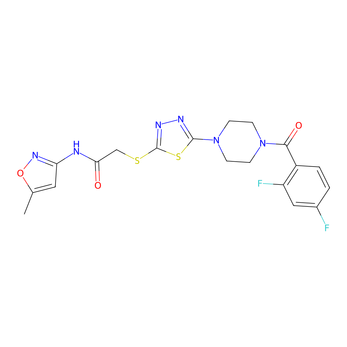 2-((5-(4-(2,4-difluorobenzoyl)piperazin-1-yl)-1,3,4-thiadiazol-2-yl)thio)-N-(5-methylisoxazol-3-yl)acetamide molecular structure, CAS 1172382-25-0
