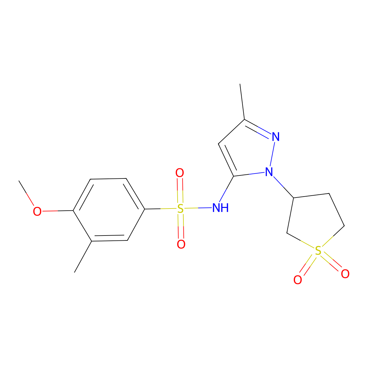 N-(1-(1,1-dioxidotetrahydrothiophen-3-yl)-3-methyl-1H-pyrazol-5-yl)-4-methoxy-3-methylbenzenesulfonamide molecular structure, CAS 1172384-50-7