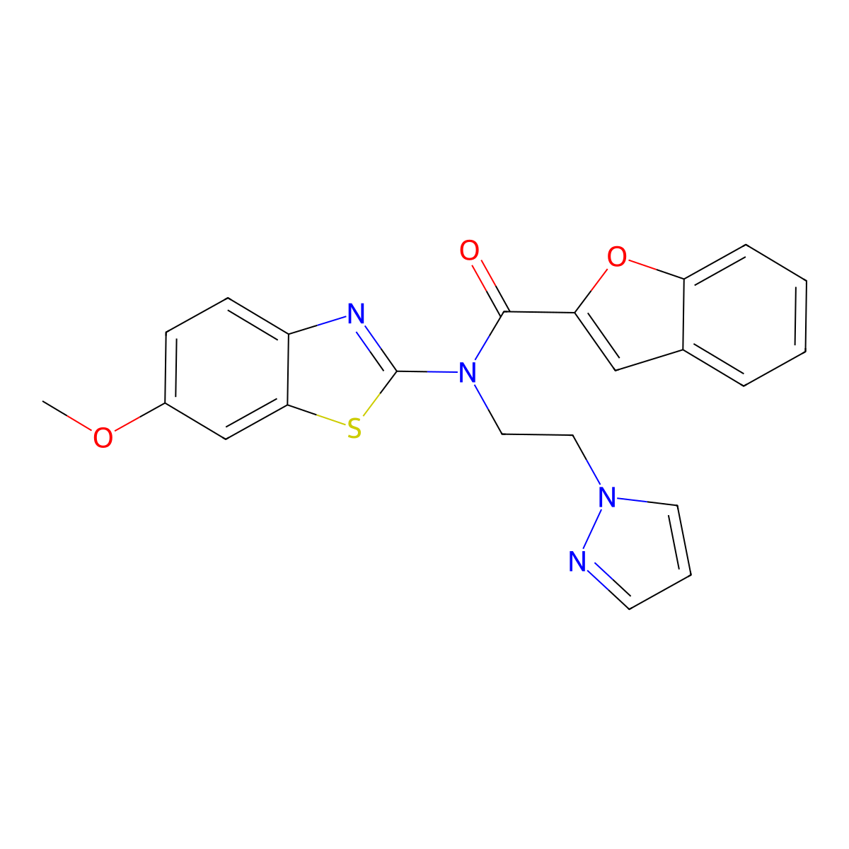 N-(2-(1H-pyrazol-1-yl)ethyl)-N-(6-methoxybenzo[d]thiazol-2-yl)benzofuran-2-carboxamide molecular structure, CAS 1172385-66-8