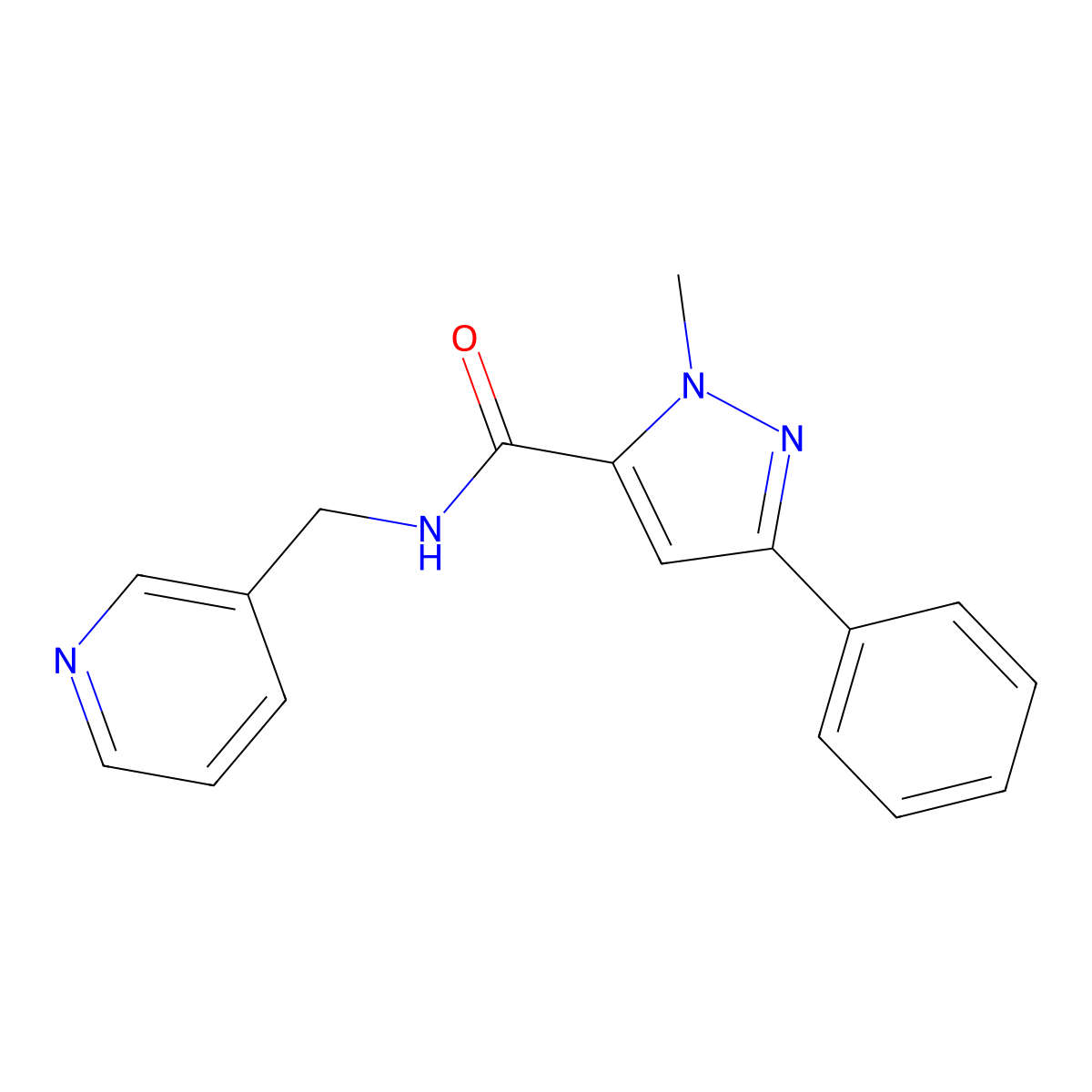 1-methyl-3-phenyl-N-(pyridin-3-ylmethyl)-1H-pyrazole-5-carboxamide molecular structure, CAS 1172389-35-3