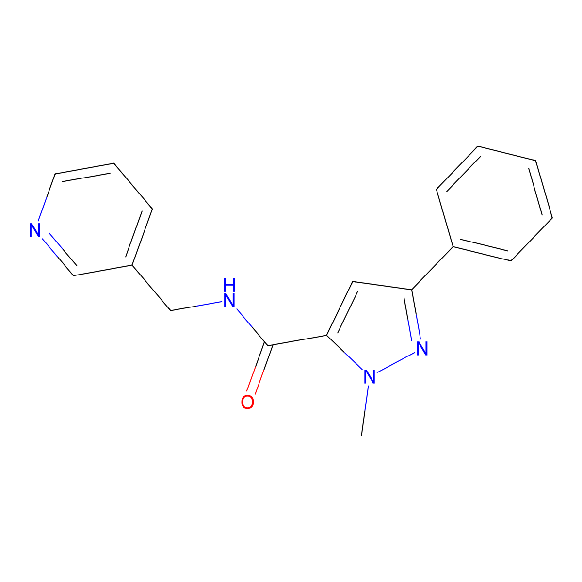 1-methyl-3-phenyl-N-(pyridin-3-ylmethyl)-1H-pyrazole-5-carboxamide molecular structure, CAS 1172389-35-3