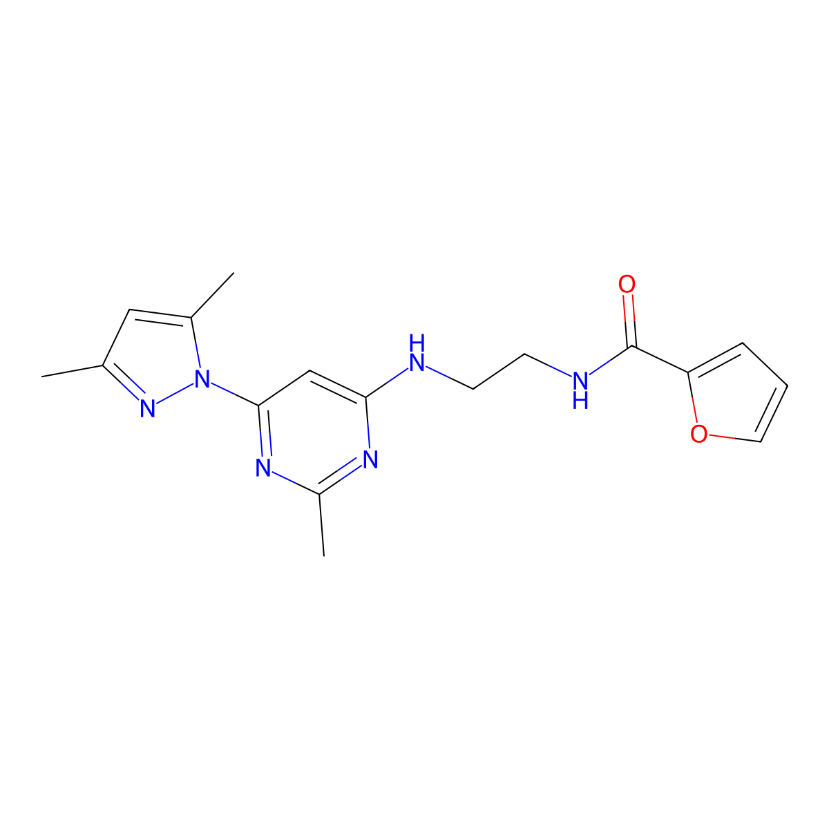 N-(2-((6-(3,5-dimethyl-1H-pyrazol-1-yl)-2-methylpyrimidin-4-yl)amino)ethyl)furan-2-carboxamide molecular structure, CAS 1172390-52-1