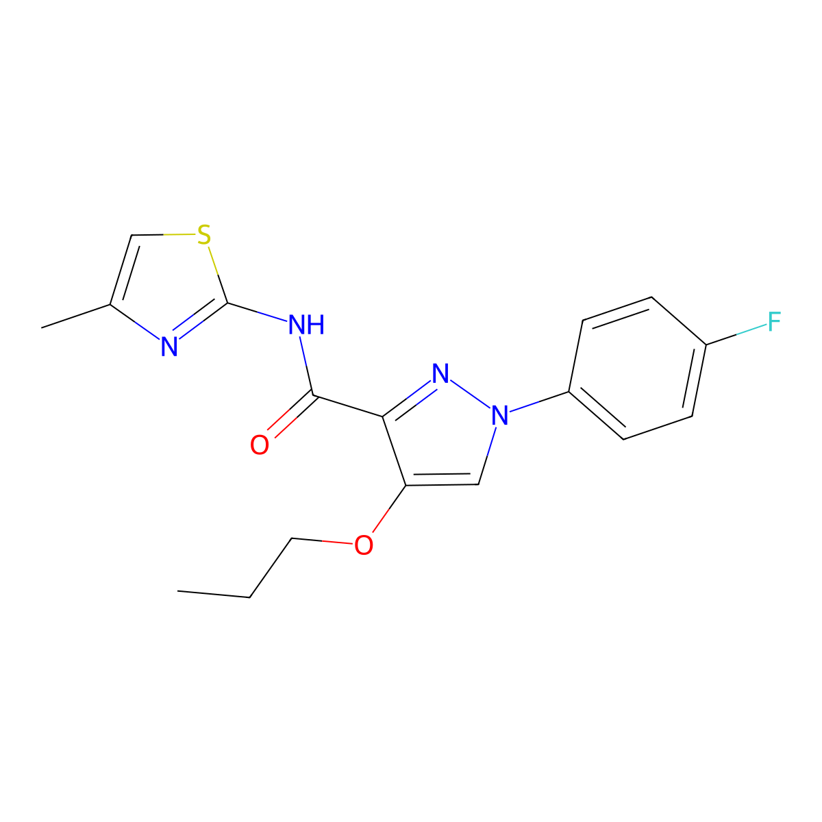 1-(4-fluorophenyl)-N-(4-methylthiazol-2-yl)-4-propoxy-1H-pyrazole-3-carboxamide molecular structure, CAS 1172393-55-3