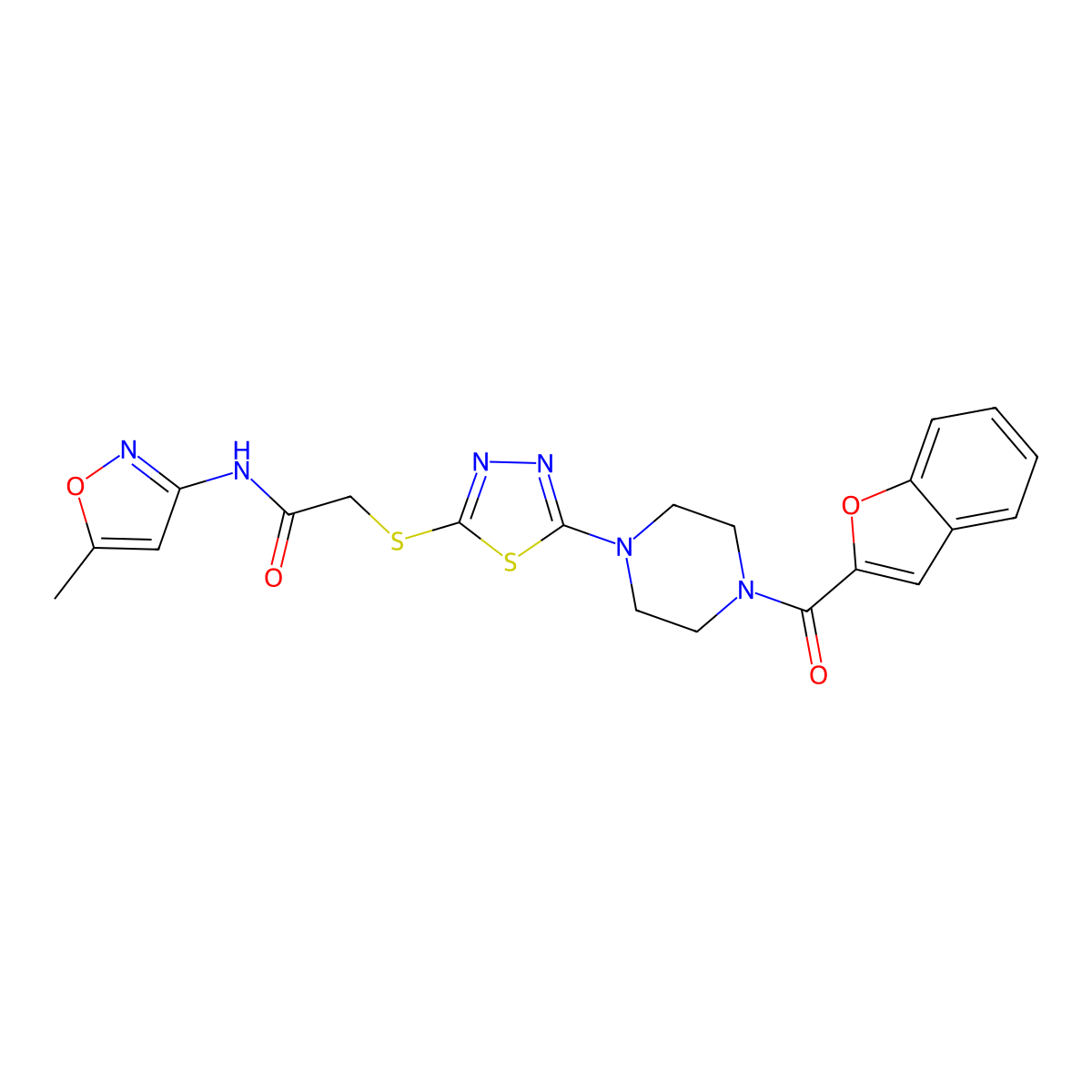 2-((5-(4-(benzofuran-2-carbonyl)piperazin-1-yl)-1,3,4-thiadiazol-2-yl)thio)-N-(5-methylisoxazol-3-yl)acetamide molecular structure, CAS 1172395-91-3