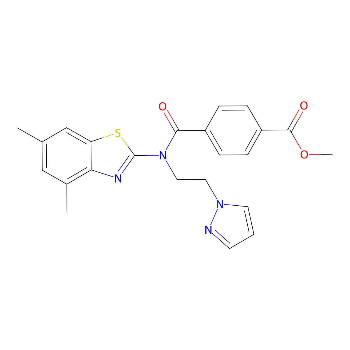 methyl 4-((2-(1H-pyrazol-1-yl)ethyl)(4,6-dimethylbenzo[d]thiazol-2-yl)carbamoyl)benzoate molecular structure, CAS 1172397-05-5