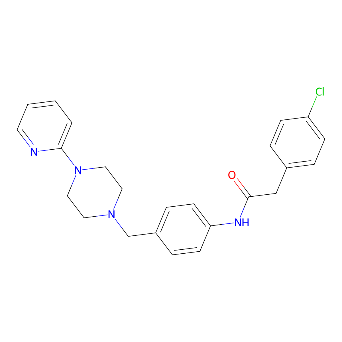 2-(4-chlorophenyl)-N-(4-((4-(pyridin-2-yl)piperazin-1-yl)methyl)phenyl)acetamide molecular structure, CAS 1172397-30-6