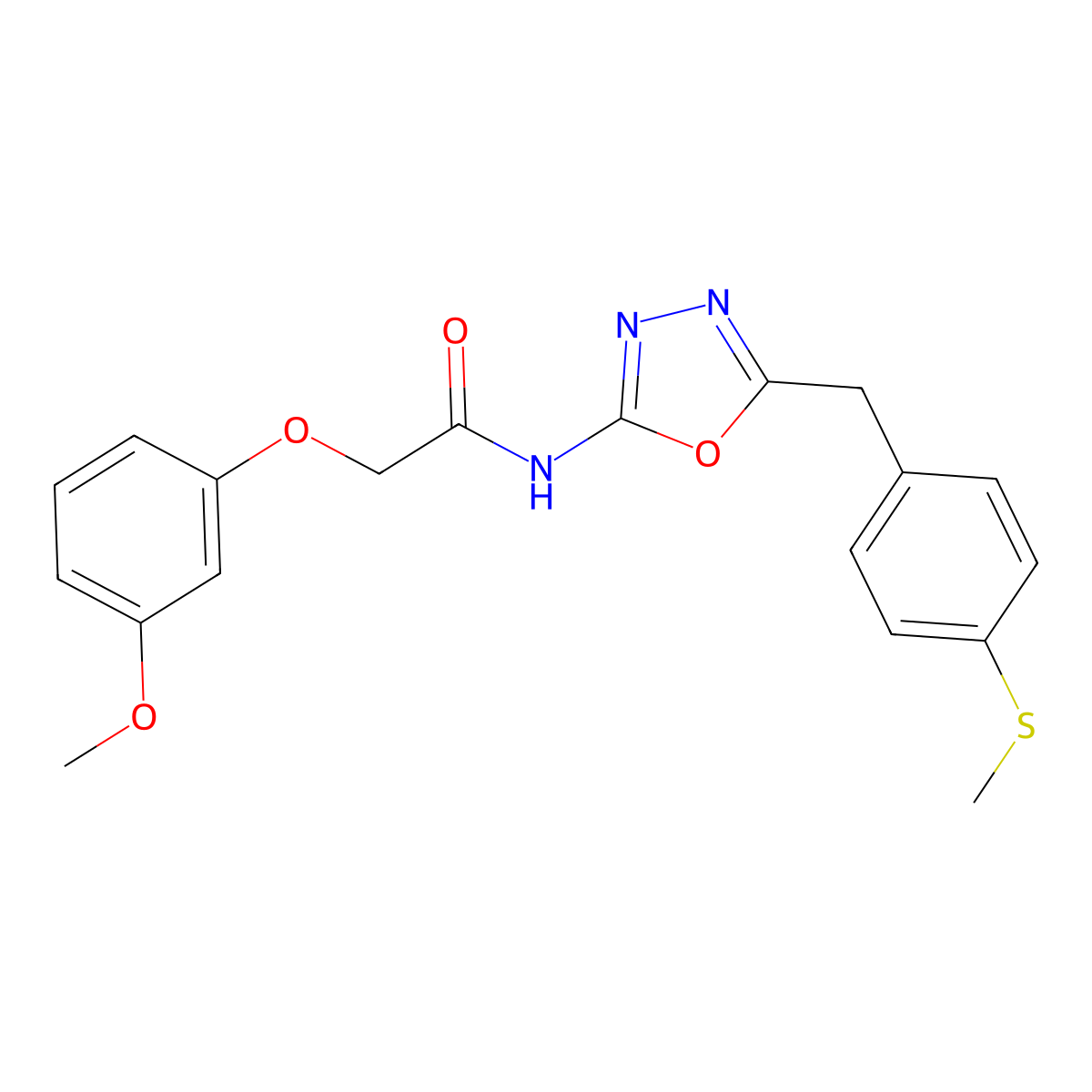 2-(3-methoxyphenoxy)-N-(5-(4-(methylthio)benzyl)-1,3,4-oxadiazol-2-yl)acetamide molecular structure, CAS 1172398-48-9