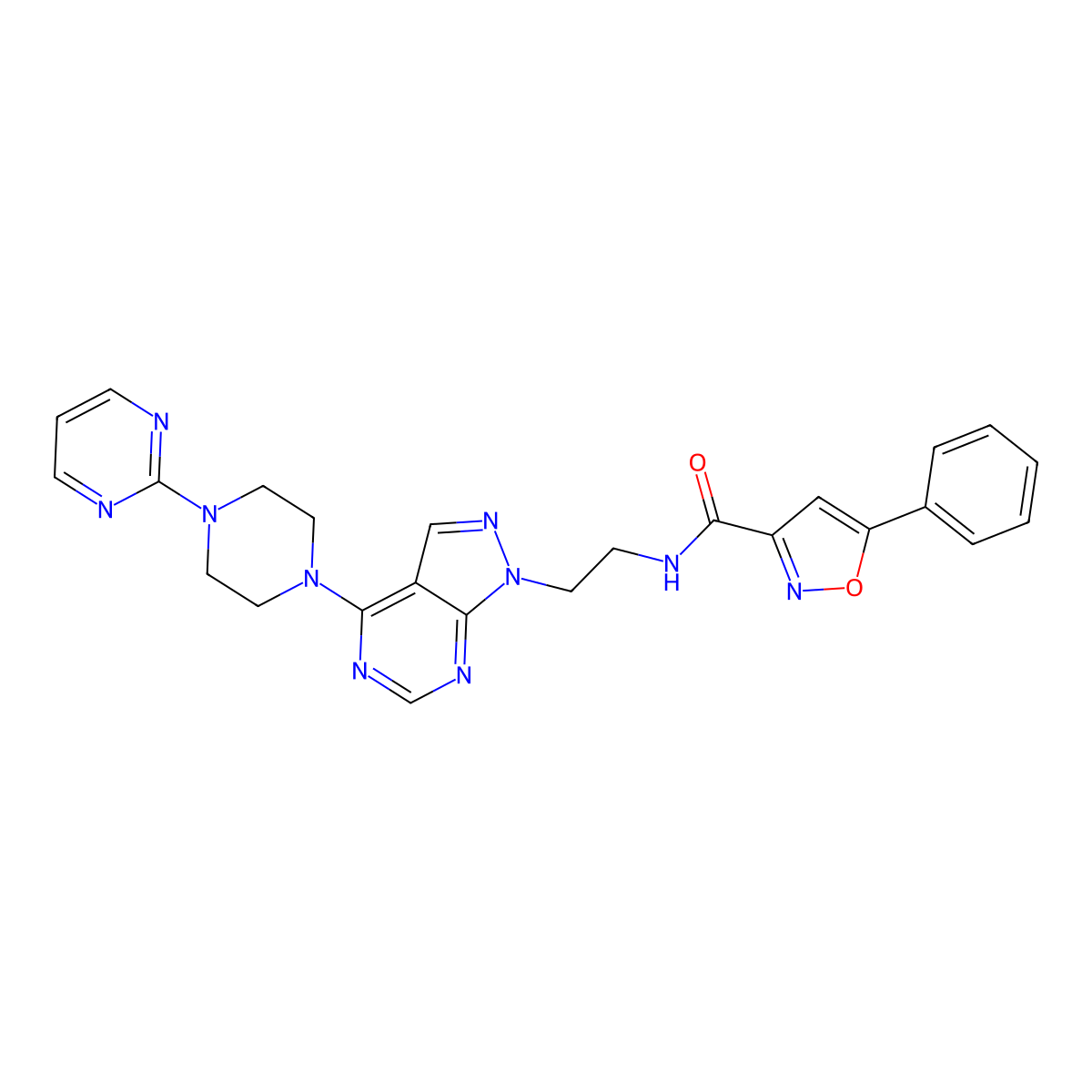 5-phenyl-N-(2-(4-(4-(pyrimidin-2-yl)piperazin-1-yl)-1H-pyrazolo[3,4-d]pyrimidin-1-yl)ethyl)isoxazole-3-carboxamide molecular structure, CAS 1172399-03-9