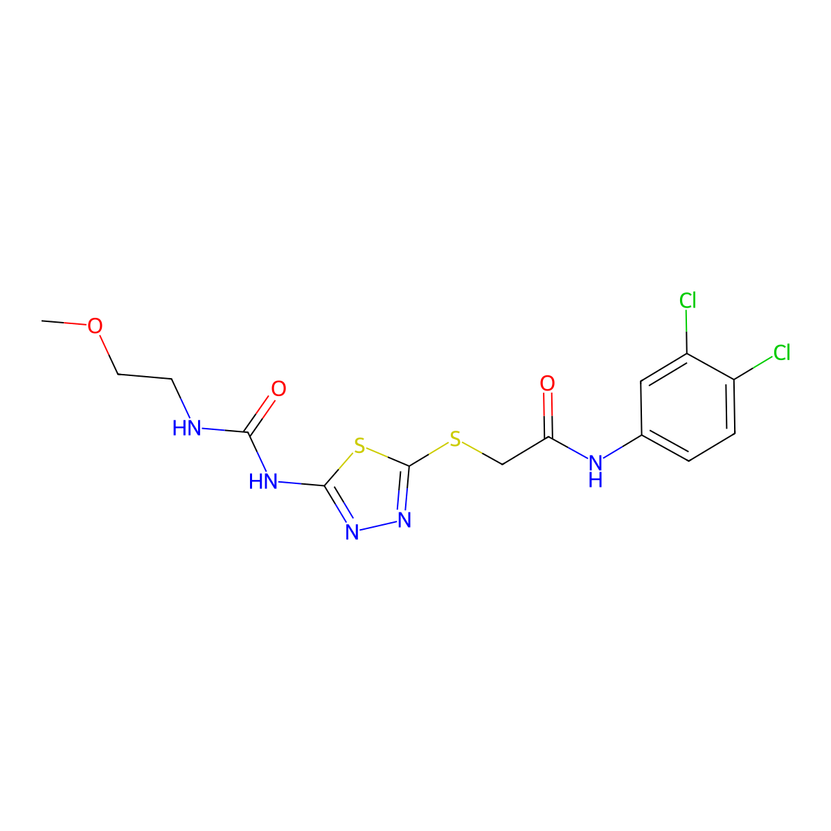 N-(3,4-dichlorophenyl)-2-((5-(3-(2-methoxyethyl)ureido)-1,3,4-thiadiazol-2-yl)thio)acetamide molecular structure, CAS 1172399-63-1