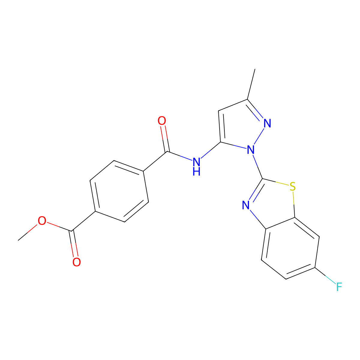 methyl 4-((1-(6-fluorobenzo[d]thiazol-2-yl)-3-methyl-1H-pyrazol-5-yl)carbamoyl)benzoate molecular structure, CAS 1172402-11-7