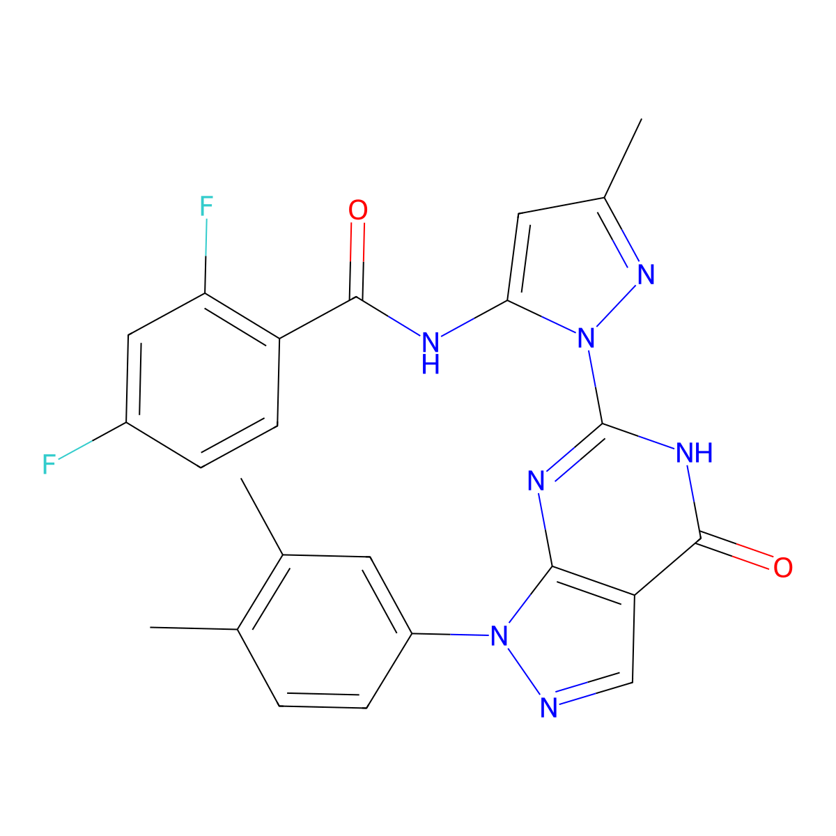 N-(1-(1-(3,4-dimethylphenyl)-4-oxo-4,5-dihydro-1H-pyrazolo[3,4-d]pyrimidin-6-yl)-3-methyl-1H-pyrazol-5-yl)-2,4-difluorobenzamide molecular structure, CAS 1172405-72-9