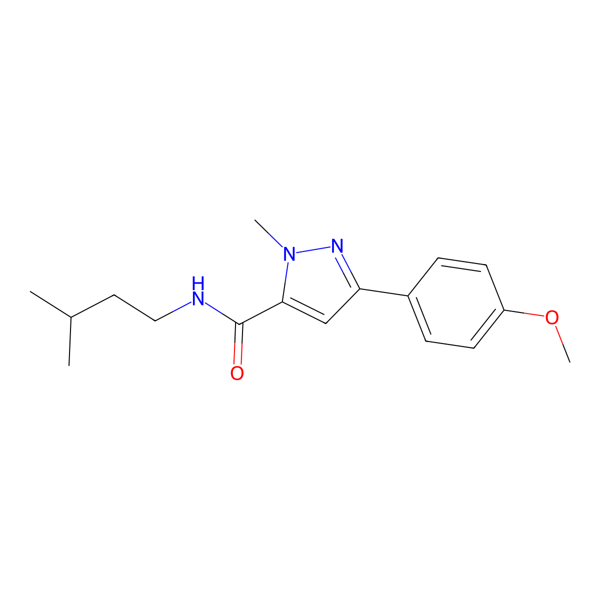 N-isopentyl-3-(4-methoxyphenyl)-1-methyl-1H-pyrazole-5-carboxamide molecular structure, CAS 1172408-26-2
