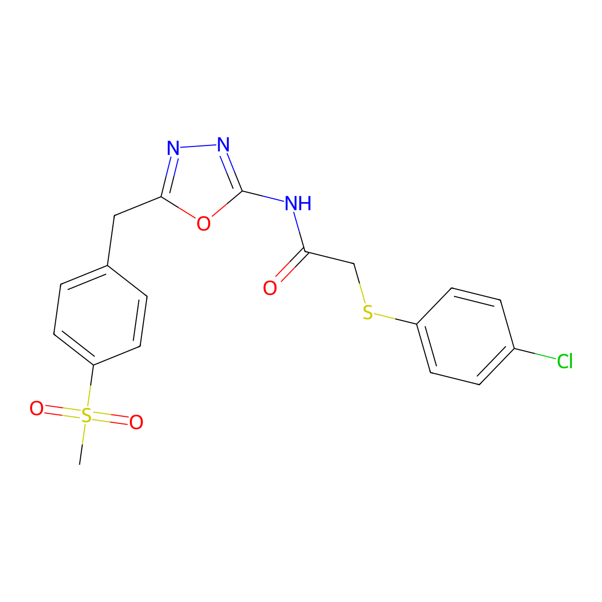 2-((4-chlorophenyl)thio)-N-(5-(4-(methylsulfonyl)benzyl)-1,3,4-oxadiazol-2-yl)acetamide molecular structure, CAS 1172408-82-0