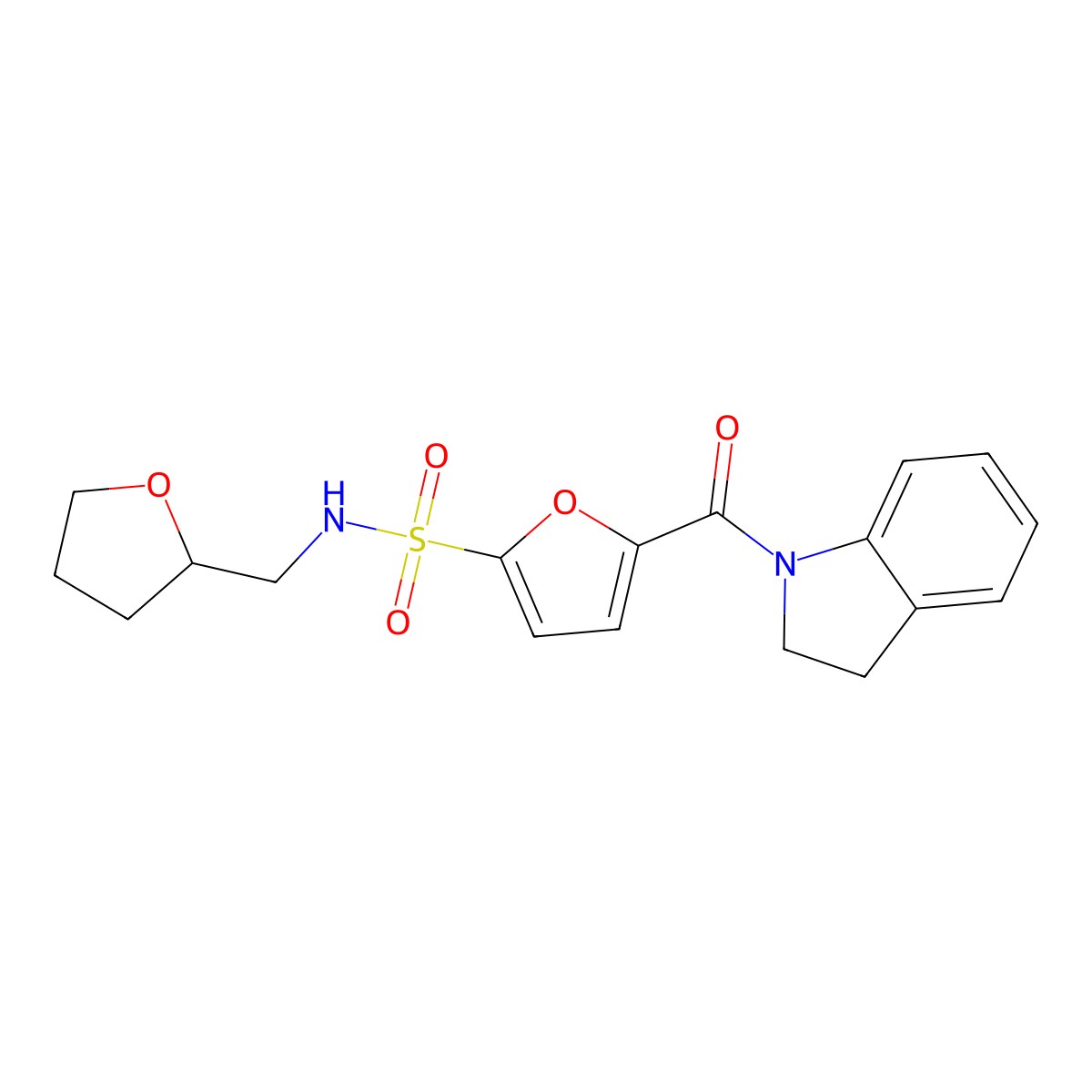 5-(indoline-1-carbonyl)-N-((tetrahydrofuran-2-yl)methyl)furan-2-sulfonamide molecular structure, CAS 1172410-27-3