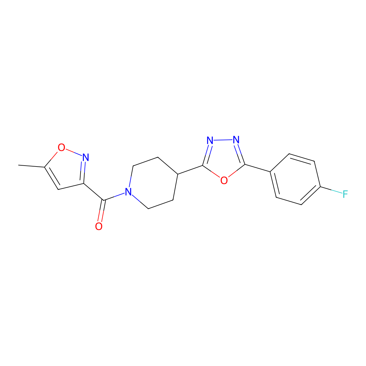 (4-(5-(4-Fluorophenyl)-1,3,4-oxadiazol-2-yl)piperidin-1-yl)(5-methylisoxazol-3-yl)methanone molecular structure, CAS 1172413-91-0