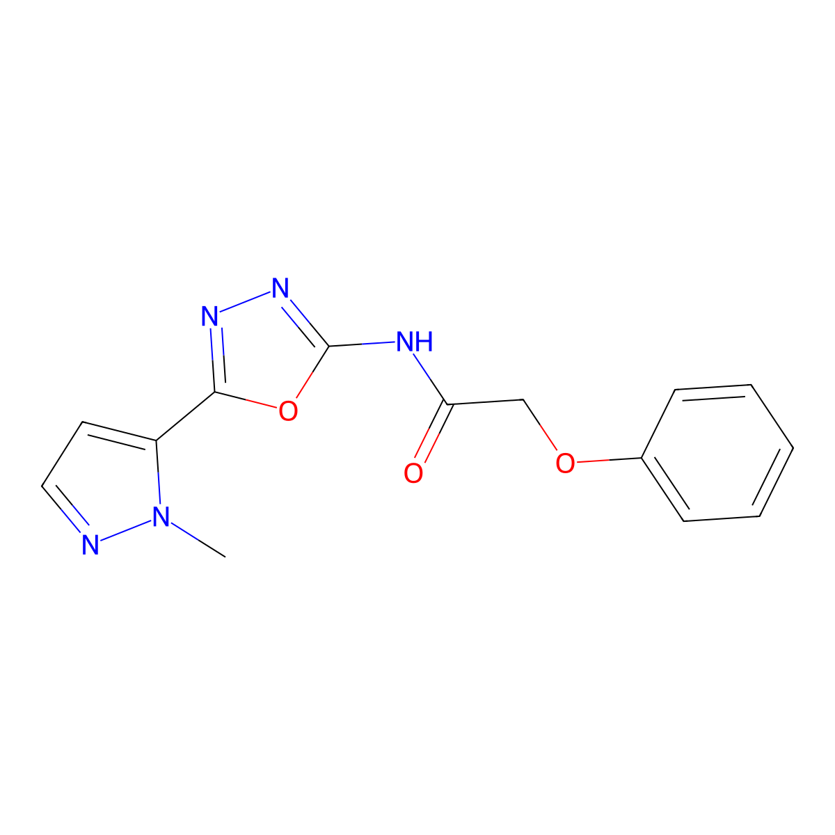 N-(5-(1-methyl-1H-pyrazol-5-yl)-1,3,4-oxadiazol-2-yl)-2-phenoxyacetamide molecular structure, CAS 1172416-84-0
