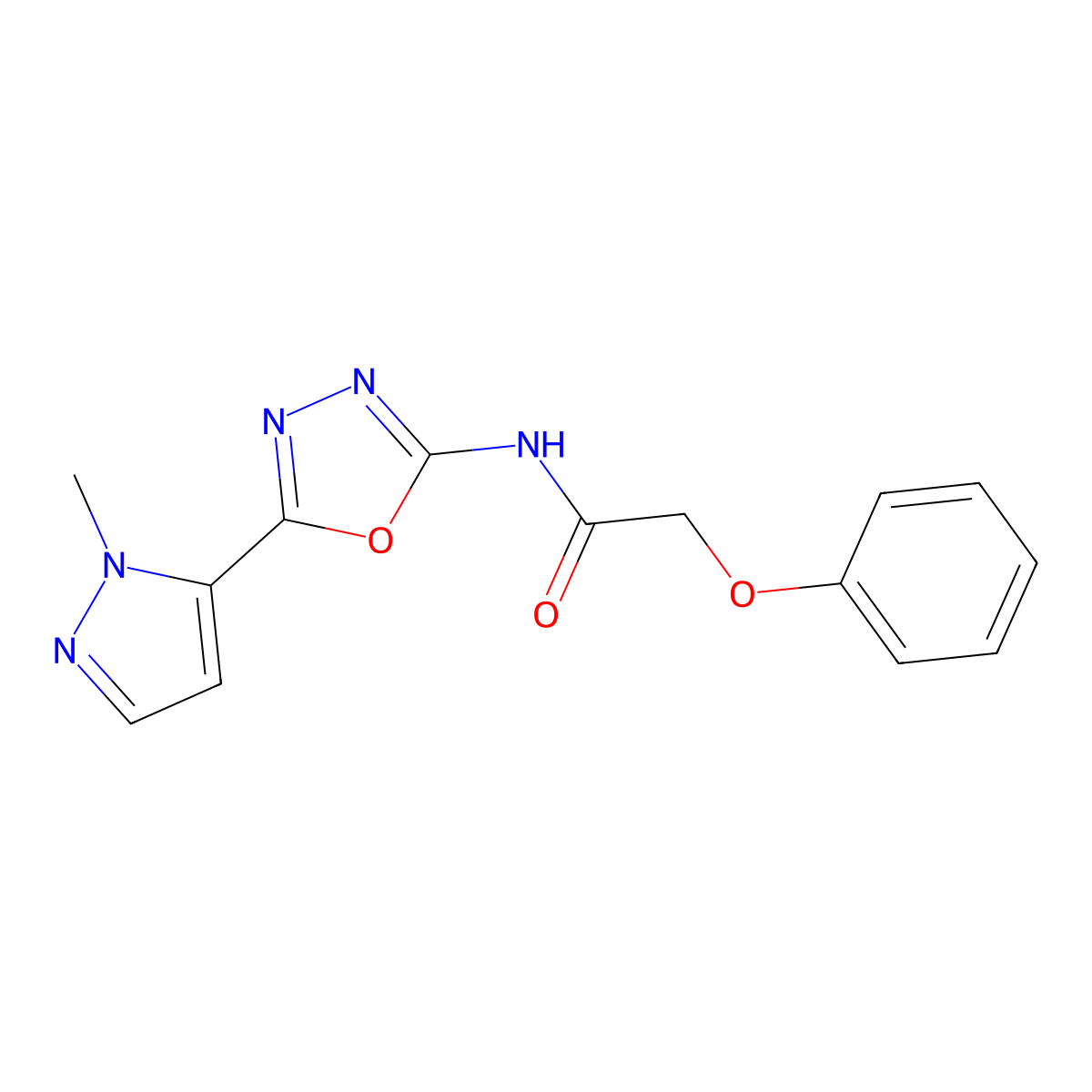 N-(5-(1-methyl-1H-pyrazol-5-yl)-1,3,4-oxadiazol-2-yl)-2-phenoxyacetamide molecular structure, CAS 1172416-84-0