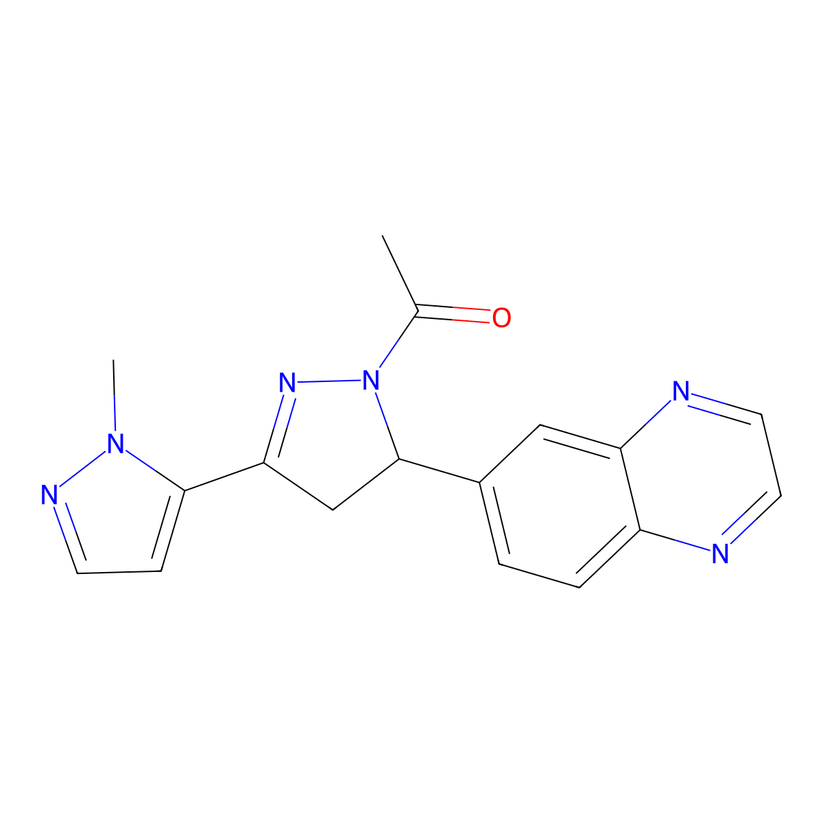 1-(2'-methyl-5-(quinoxalin-6-yl)-4,5-dihydro-1H,2'H-[3,3'-bipyrazol]-1-yl)ethanone molecular structure, CAS 1172417-02-5