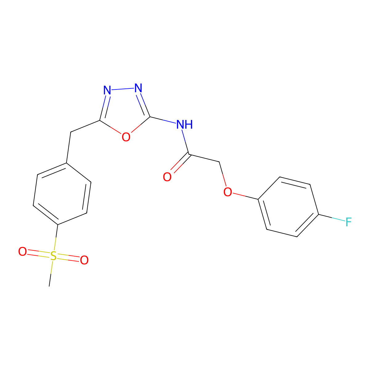 2-(4-fluorophenoxy)-N-(5-(4-(methylsulfonyl)benzyl)-1,3,4-oxadiazol-2-yl)acetamide molecular structure, CAS 1172417-46-7