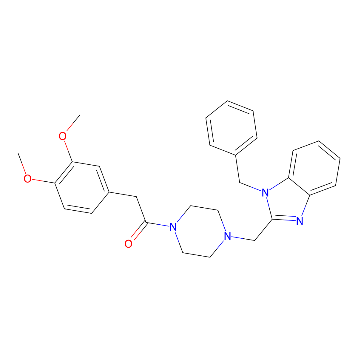 1-(4-((1-benzyl-1H-benzo[d]imidazol-2-yl)methyl)piperazin-1-yl)-2-(3,4-dimethoxyphenyl)ethanone molecular structure, CAS 1172417-69-4