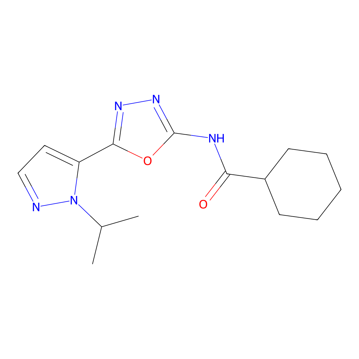 N-(5-(1-isopropyl-1H-pyrazol-5-yl)-1,3,4-oxadiazol-2-yl)cyclohexanecarboxamide molecular structure, CAS 1172418-11-9