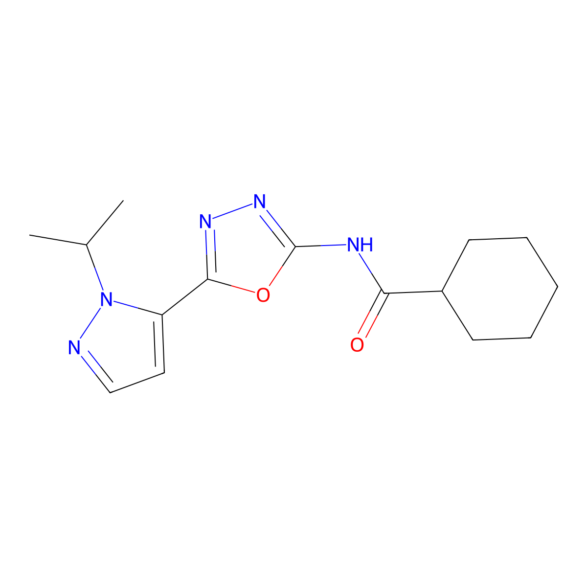 N-(5-(1-isopropyl-1H-pyrazol-5-yl)-1,3,4-oxadiazol-2-yl)cyclohexanecarboxamide molecular structure, CAS 1172418-11-9